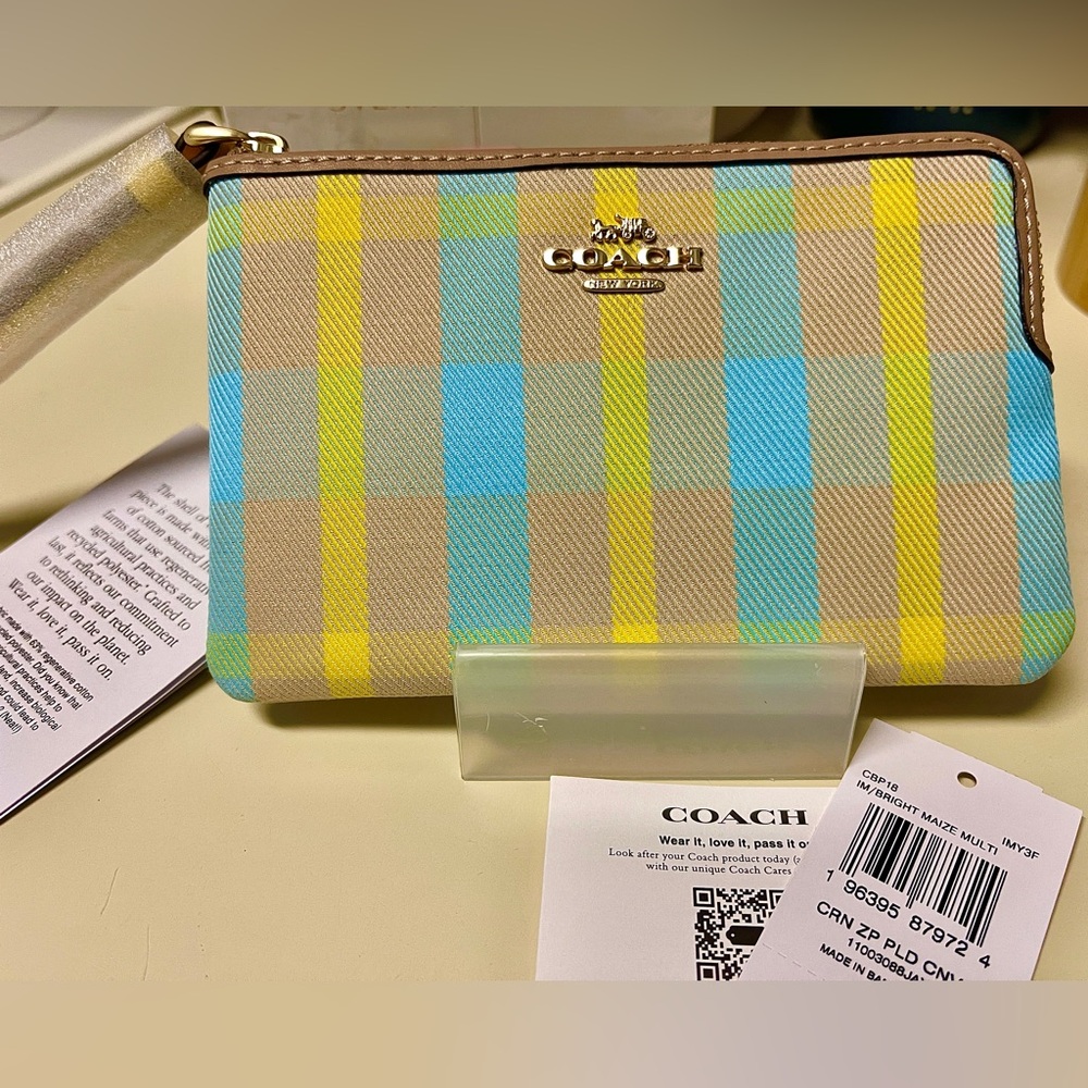 Coach NWT Wristlet Nolita Plaid Bright Maize Coated Canvas/Leather Trim - Picture 3 of 13